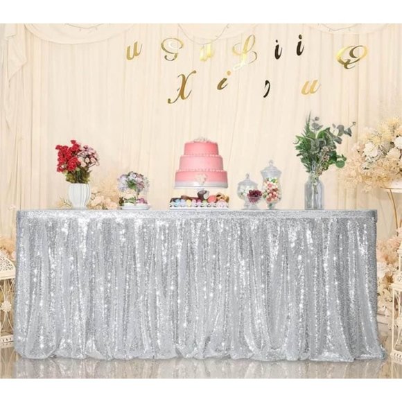 Silver Sequin Table Skirt 6 feet x 30 inch Drop Wedding Dining Tablecloth Decor - Picture 3 of 3